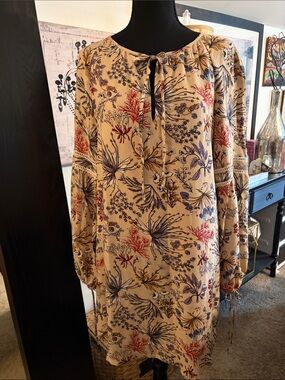 Wayf Beige Floral Boho Tie-Neck Tunic Dress